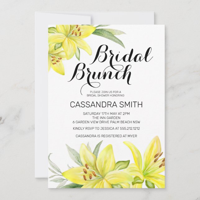 Elegant Yellow Lily Floral Bridal Brunch Dusche Einladung (Vorderseite)