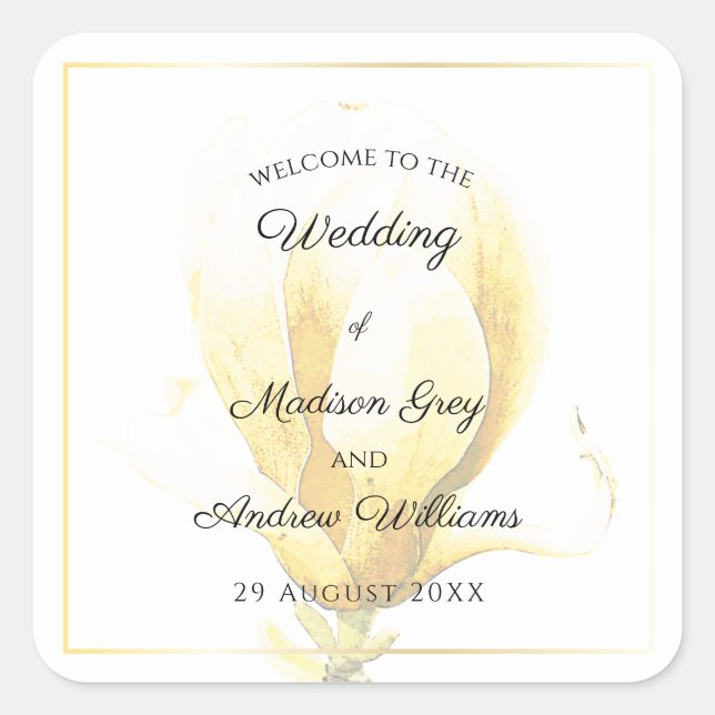 Elegant Yellow Magnolia Wedding Quadratischer Aufkleber (Vorderseite)