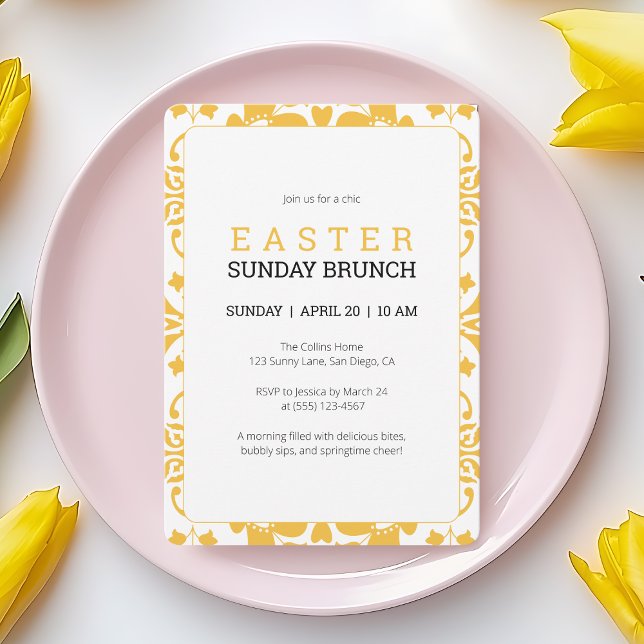 Elegant Yellow Oaster Sunday Brunch Einladung (Easter Sunday Brunch Modern Yellow Elegant Floral Invitation)