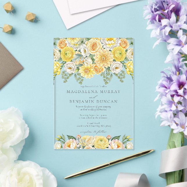 Elegant Yellow Peach & Sage Green Floral Wedding Acryleinladungen (In Situ (Hochzeit))