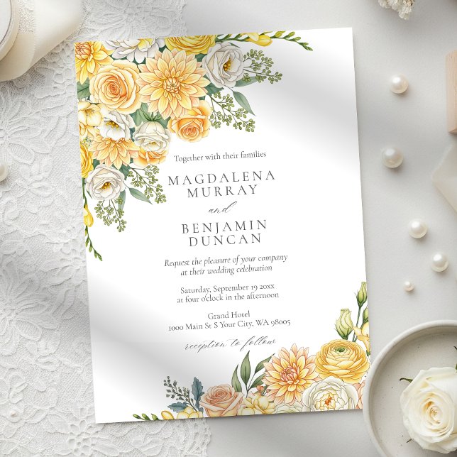 Elegant Yellow Peach & Sage Green Floral Wedding Einladung (Von Creator hochgeladen)