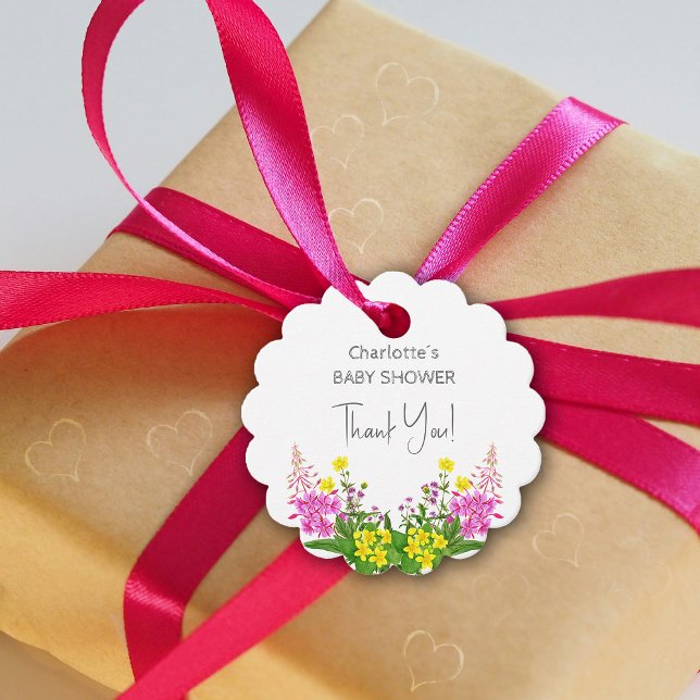 Elegant Yellow Pink Wildblume Script Babydusche Geschenkanhänger (Elegant Yellow Pink Wildflower Script Baby Shower Favor Tags ©Susanne Sachers - Sunny Mind Design 🌞)