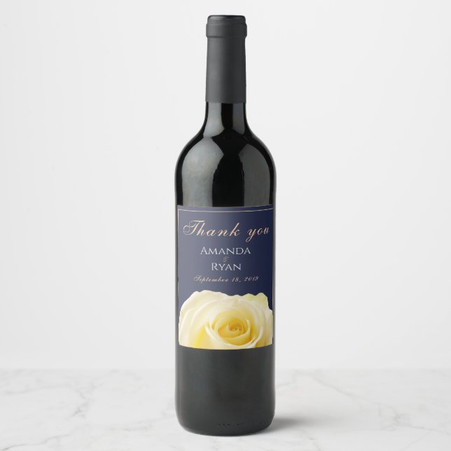 Elegant Yellow Rose Blue Floral Wedding Vielen Dan Weinetikett (Vorderseite)