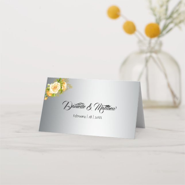 Elegant Yellow Rose Bouquet auf Silberhochzeit Platzkarte (Rückseite)