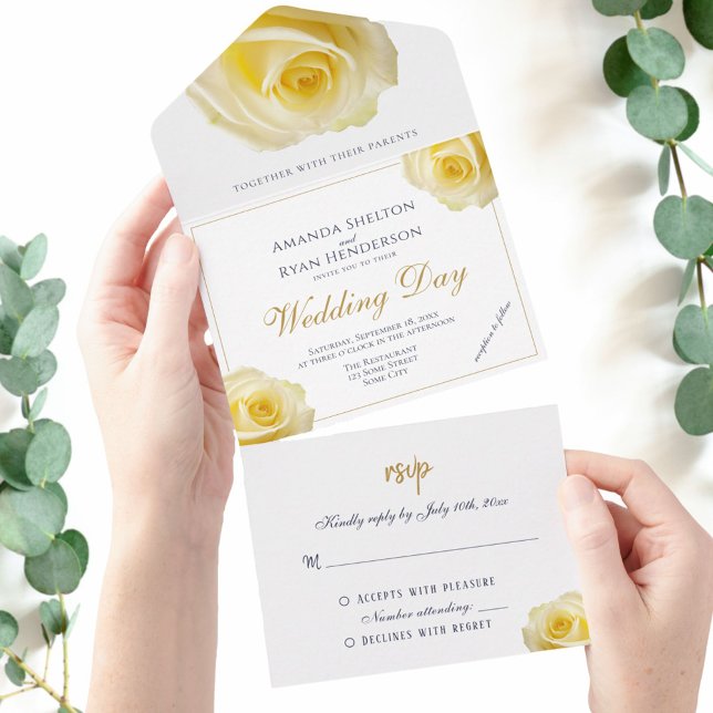 Elegant Yellow Rose Floral Wedding All In One Einladung (Von Creator hochgeladen)