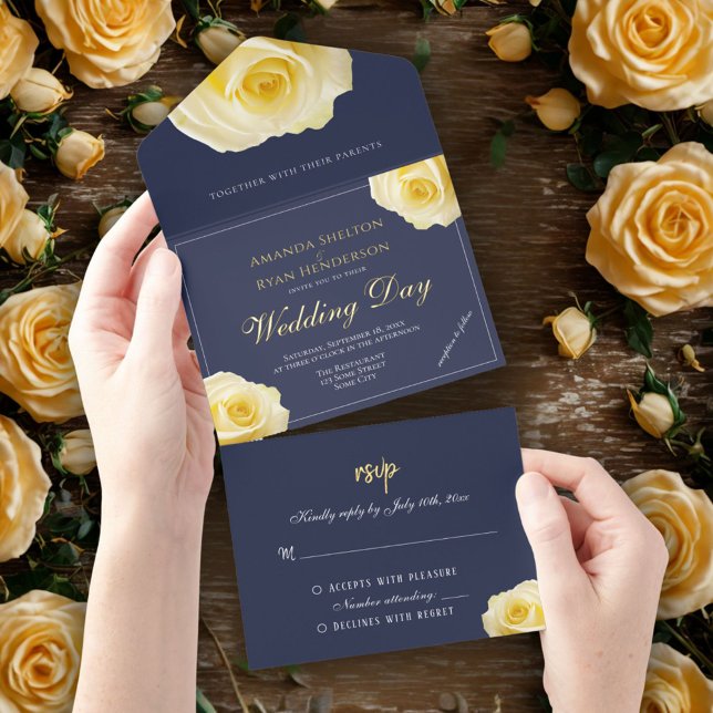 Elegant Yellow Rose Floral Wedding All-in-One-Einladung (Von Creator hochgeladen)