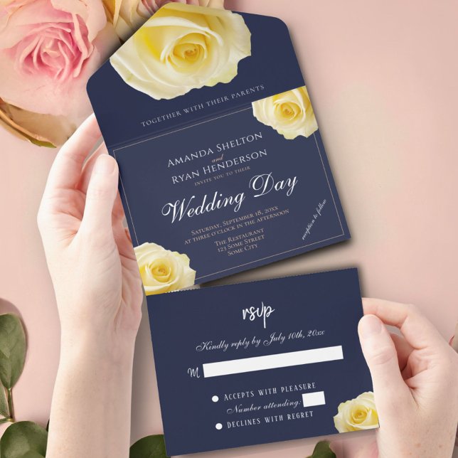 Elegant Yellow Rose Midnight Blue Floral Wedding All In One Einladung (Von Creator hochgeladen)