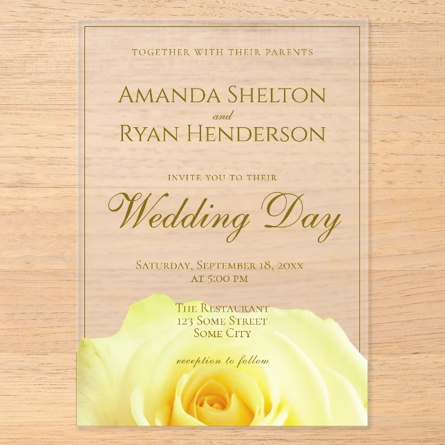 Elegant Yellow Roses Blume Floral Wedding Acryleinladungen (Vorderseite)