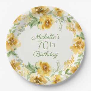Elegant Yellow Watercolor Floral 70. Geburtstag P Pappteller