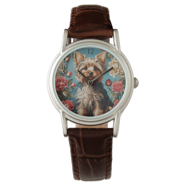 Elegant Yorkshire Terrier Rose Garden Armbanduhr (Vorderseite)