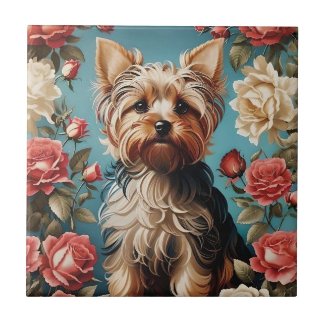 Elegant Yorkshire Terrier Rose Garden Fliese (Vorderseite)