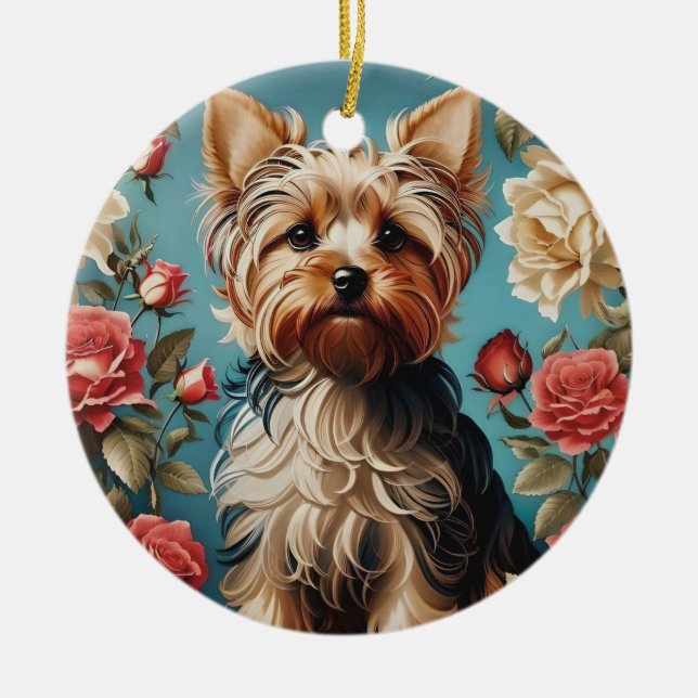 Elegant Yorkshire Terrier Rose Garden Keramik Ornament (Vorne)