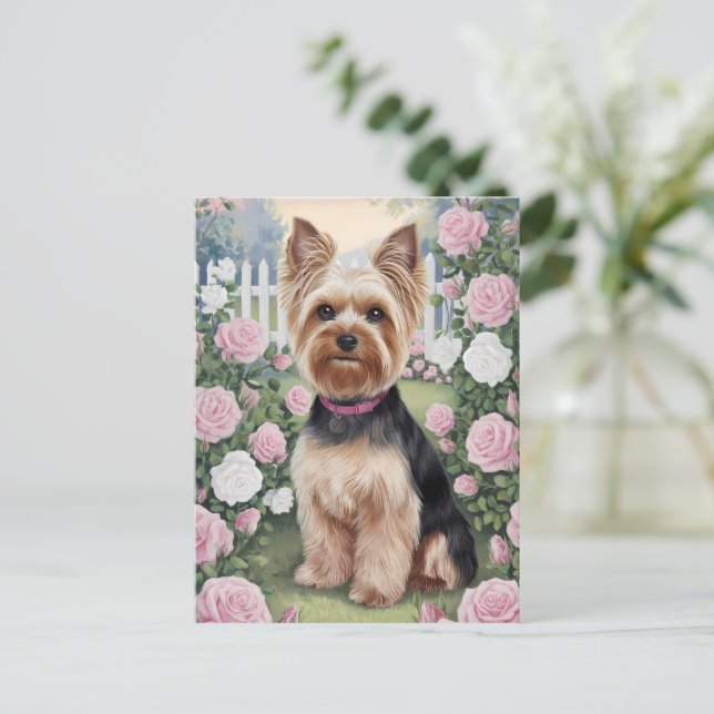 Elegant Yorkshire Terrier Rose Garden Malerei Postkarte (Stehend Vorderseite)