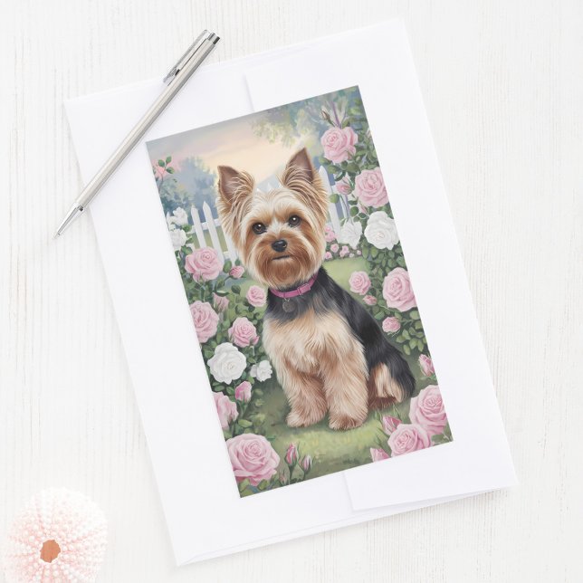 Elegant Yorkshire Terrier Rose Garden Malerei Rechteckiger Aufkleber (Von Creator hochgeladen)
