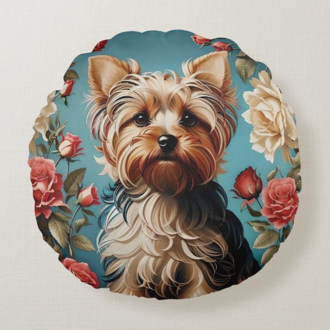 Elegant Yorkshire Terrier Rose Garden Rundes Kissen (Vorderseite)