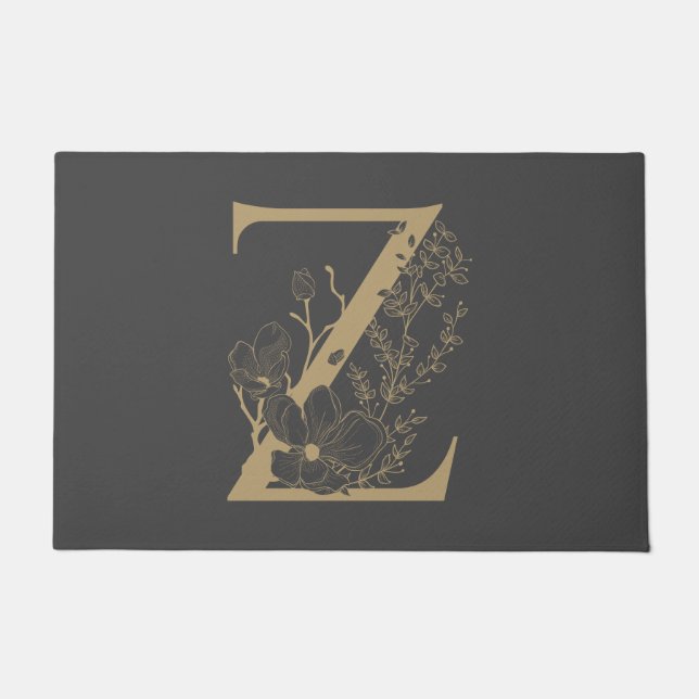 Elegant Z Boho Floral Monogram Initial Gray Gold Fußmatte (Vorderseite)