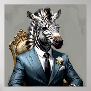 Elegant Zebra in Blue Suit Portrait Malerei Poster