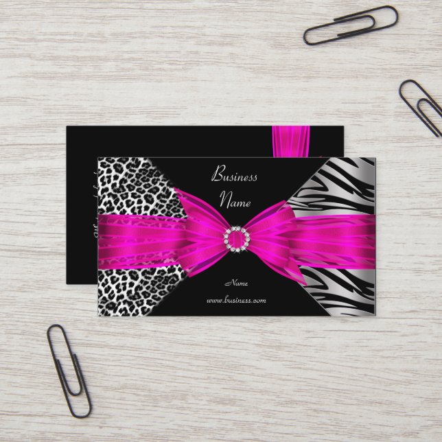 Elegant Zebra Leopard Black Hot Pink Visitenkarte (Vorderseite/Rückseite Beispiel)