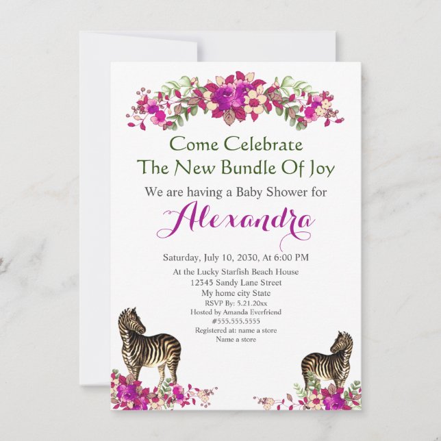 Elegant Zebra Pink Floral Baby Shower Einladung (Vorderseite)