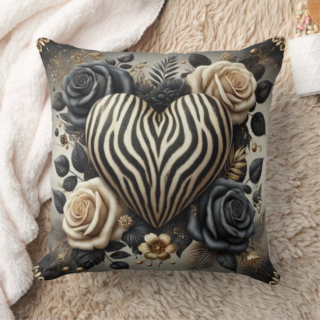 Elegant Zebra Print Heart & Rose Kissen (Decke)