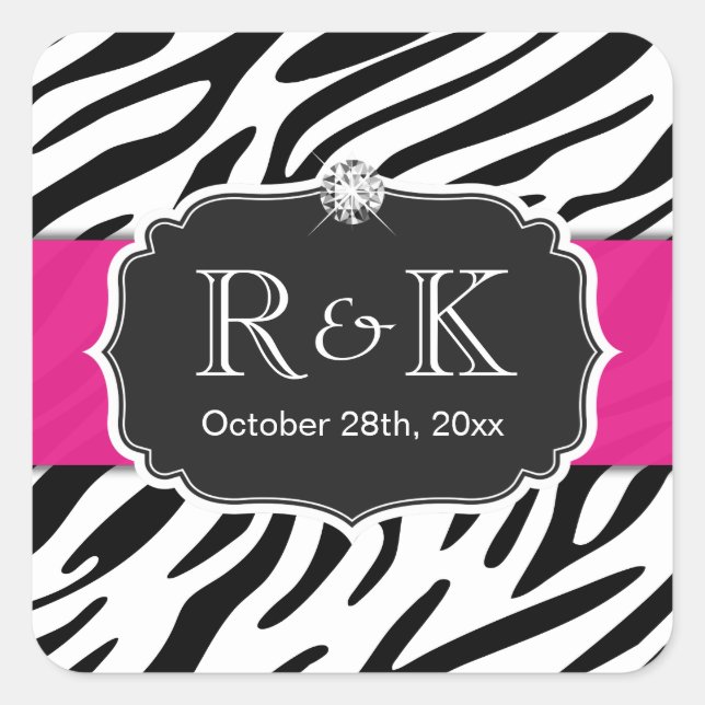 Elegant Zebra Print Hot Pink Wedding Initials Date Quadratischer Aufkleber (Vorderseite)