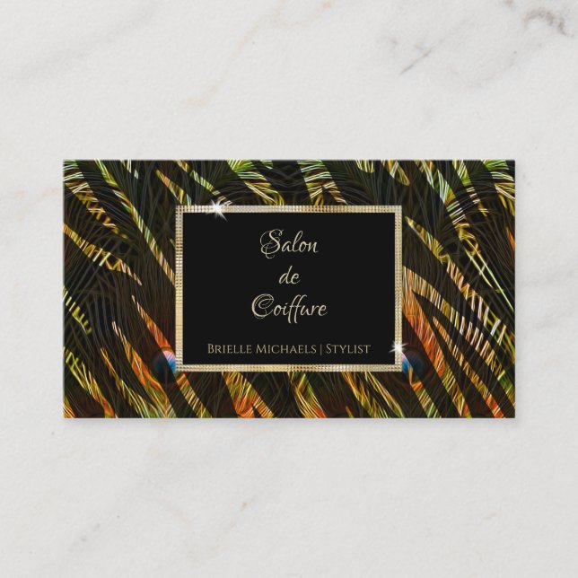 Elegant Zebra Print Peacock Feathers Hair Salon Visitenkarte (Vorderseite)
