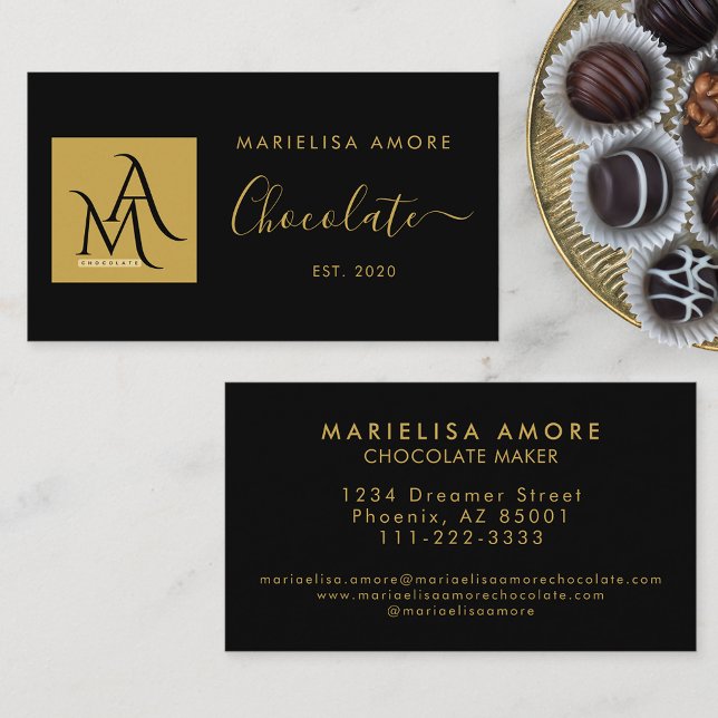 ElegantBlack Gold Script Logo Chocolate Branding Visitenkarte (Von Creator hochgeladen)