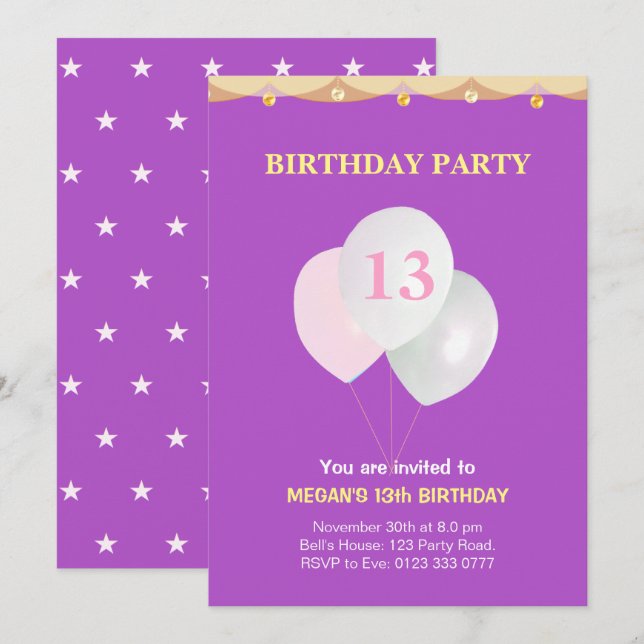Élégante 13ème anniversaire de fête Invitation (Devant / Derrière)