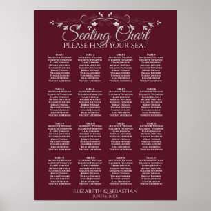 Elegante 16-Tisch-Bordeaux-Hochzeits-Sitzplan Poster