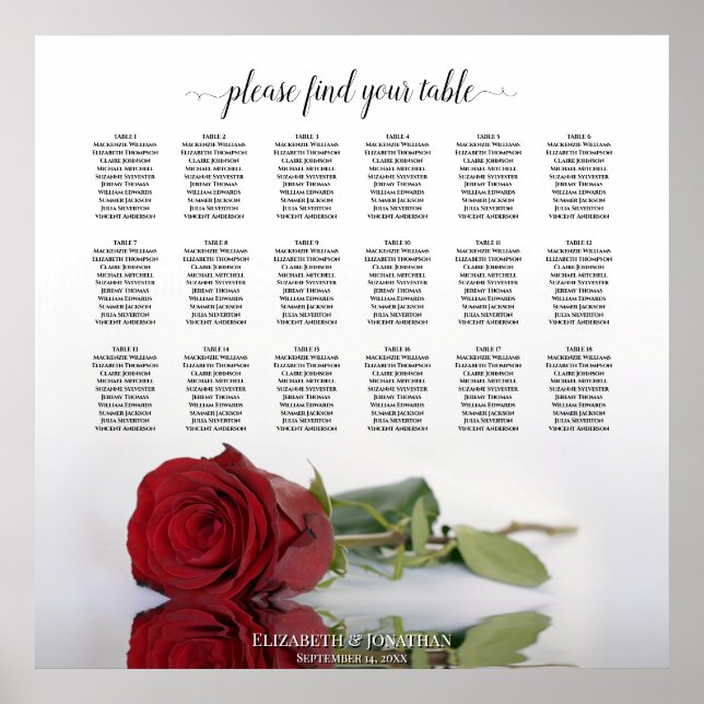 Elegante 18 Tisch-Rote Rose Hochzeitssattelkarte Poster (Vorne)