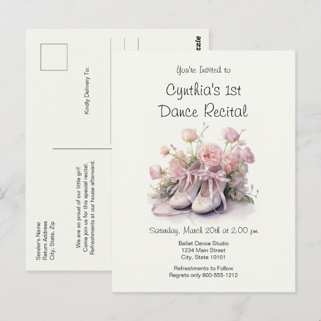 Elegante 1. Ballett Tanz Einladung Postkarte (Vorne/Hinten)