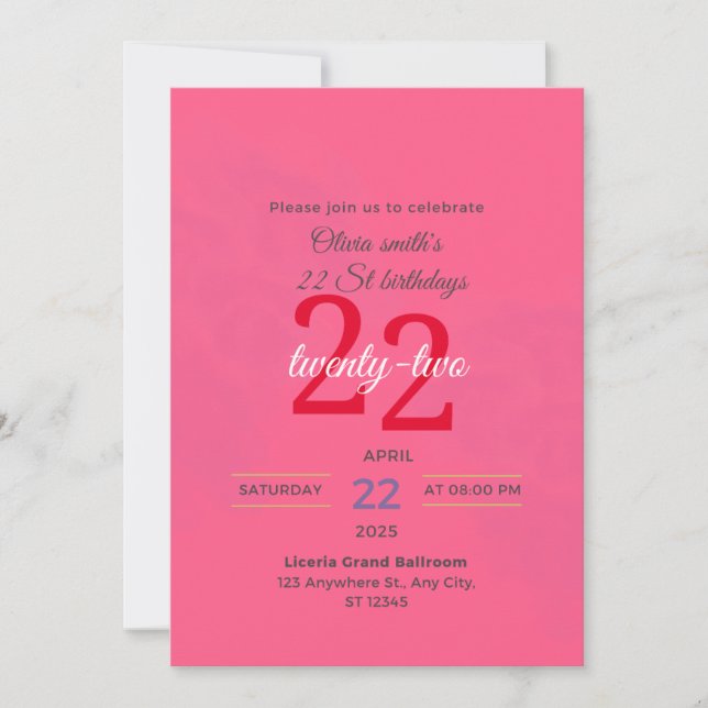 Élégante 22e anniversaire Hot Pink Invitation (Devant)