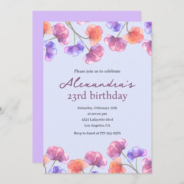 Élégante 23e invitations Boho Floral Chic (Devant / Derrière)