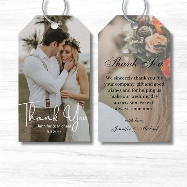 elegante 2 Fotos moderne Drehbuch Hochzeit danke Geschenkanhänger (Von Creator hochgeladen)
