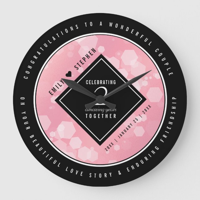 Elegante 2. Rose Quartz Hochzeitstag Große Wanduhr (Vorderseite)