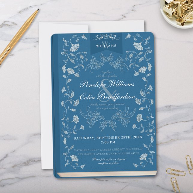 Elegante 2 Tone Blue Floral Book Cover Hochzeit Einladung (Elegant Teal Blue Library Book Cover Wedding Invitation with Monogram and Formal Calligraphy Script)