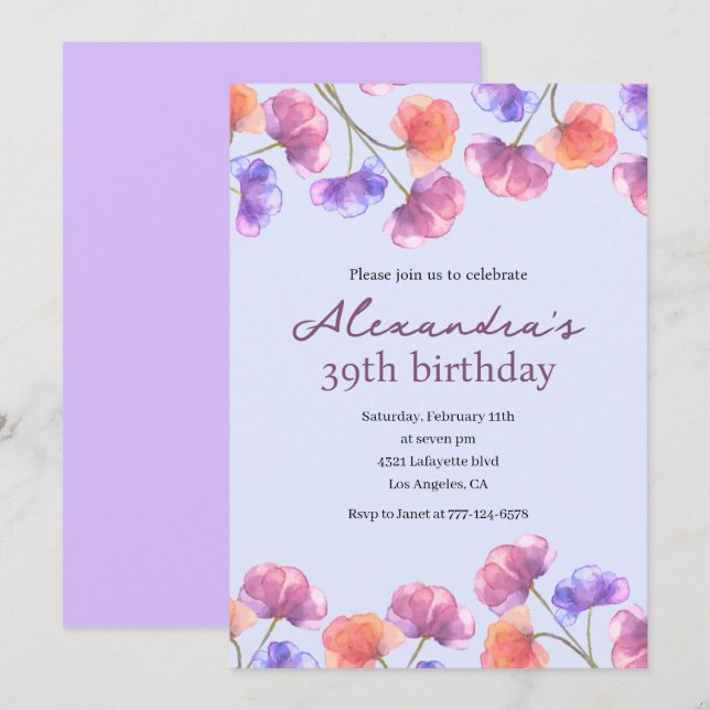 Elégante 39ème invitations Boho Floral Chic (Devant / Derrière)