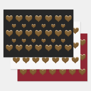 Elegante 3 farbige, große, gebürstete goldene Herz Geschenkpapier Set