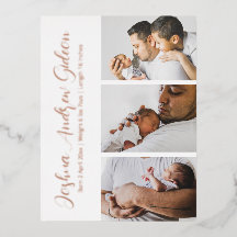 Elegante 3 Foto Foil Birth Ankündigung Postkarte