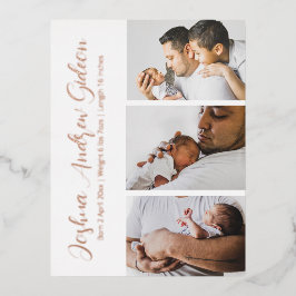 Elegante 3 Foto Foil Birth Ankündigung Postkarte