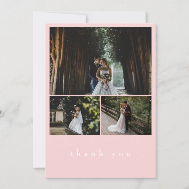 Elegante 3 Foto Rosa Minimalistische Hochzeit Dankeskarte (Vorderseite)