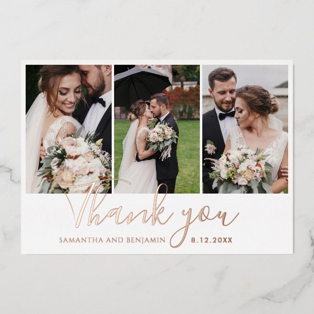 Elegante 3 Hochzeiten Fotos Danke Gold Foil Card Folieneinladung (Vorderseite)