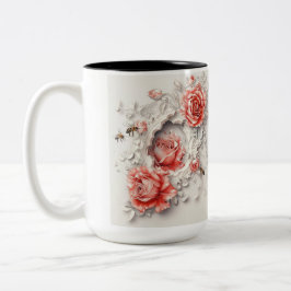 Elegante 3D-Rose, Bienen und botanische Schönheit Zweifarbige Tasse