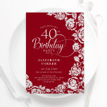 Elegante 40. Geburtstag Rote Silber Rose Einladung<br><div class="desc">Rot silber florale 40. Geburtstag Party Einladung. Elegantes Design mit Rose,  Imitaten silberne Folie und Typografie Script Schriftart. Die trendige Einladungskarte eignet sich perfekt für eine stilvolle Damenfeier. Kann für jedes Alter angepasst werden. Personalisieren Sie Ihre persönlichen Daten. Gedruckte Zazzle-Einladungen oder Sofortdownload digitaler Druckvorlage.</div>