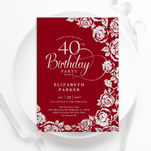 Elegante 40. Geburtstag Rote Silber Rose Einladung
