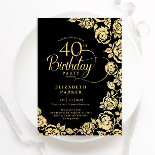 Elegante 40. Geburtstags Black Gold Rose Einladung