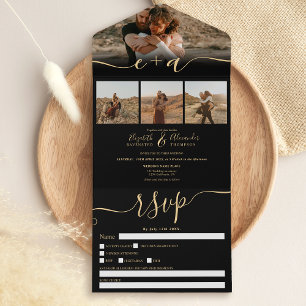 Elegante 4 Fotos gold-schwarze moderne Schrift Hoc All In One Einladung