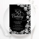 Elegante 50. Geburtstags Black Silver Rose Einladung<br><div class="desc">Schwarz silber florale 50. Geburtstagsfeier Einladung. Elegantes Design mit Rose,  Imitaten Goldfolie und Typografie Script Schriftart. Die trendige Einladungskarte eignet sich perfekt für eine stilvolle Damenfeier. Kann für jedes Alter angepasst werden. Personalisieren Sie Ihre persönlichen Daten. Gedruckte Zazzle-Einladungen oder Sofortdownload digitaler Druckvorlage.</div>