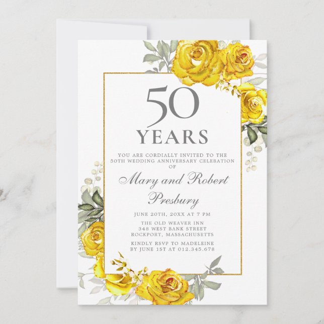 Elegante 50-jährige Jubiläumsfeier Gelbe Blumenlad Einladung (Vorderseite)