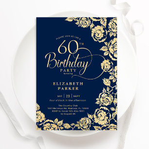Elegante 60. Geburtstags-Navy-Gold-Rose Einladung